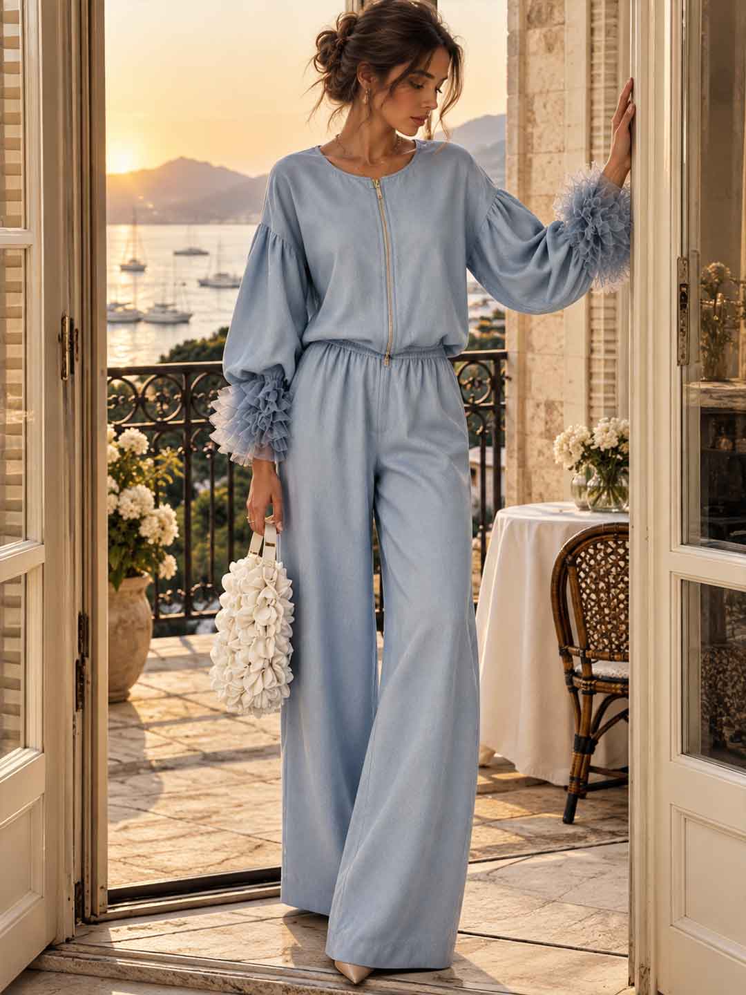 Rosalia Knit Top & Wide-Leg Trouser Set - Blue