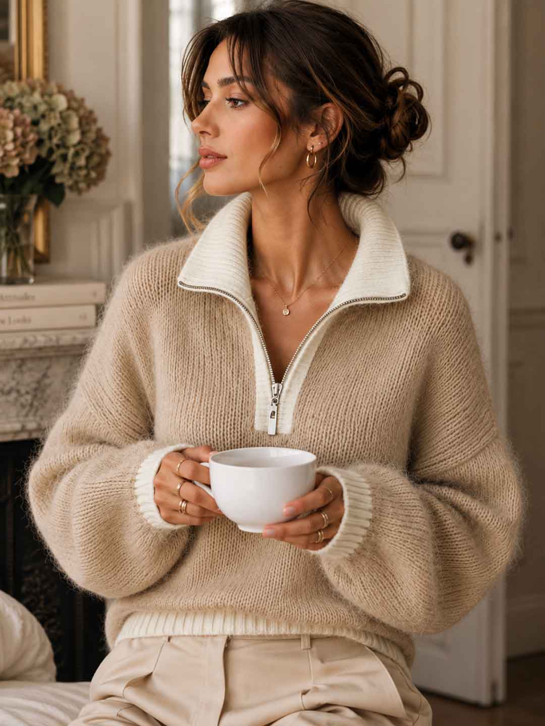 Bianca Half-Zip Balloon-Sleeve Sweater - Yellow