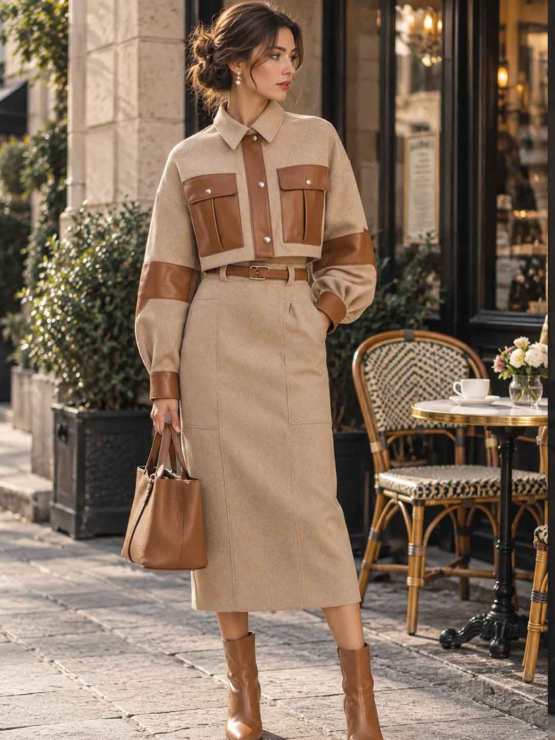 Cappuccino Contrast-Belt Midi Dress