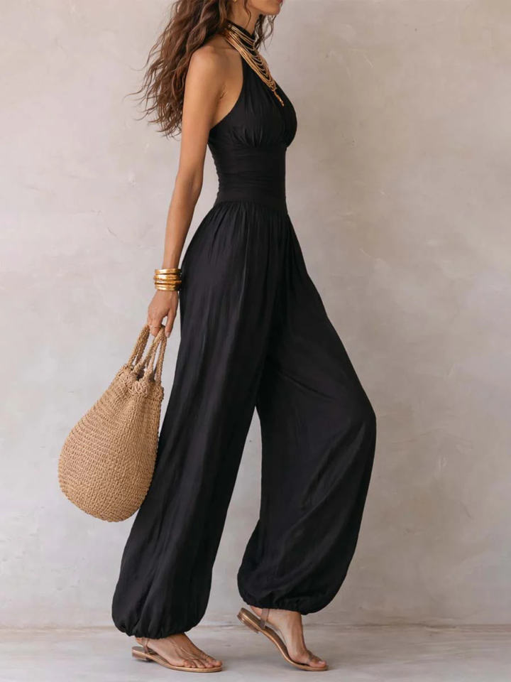 Selene Bohemian Halter Keyhole Balloon-Leg Jumpsuit - White