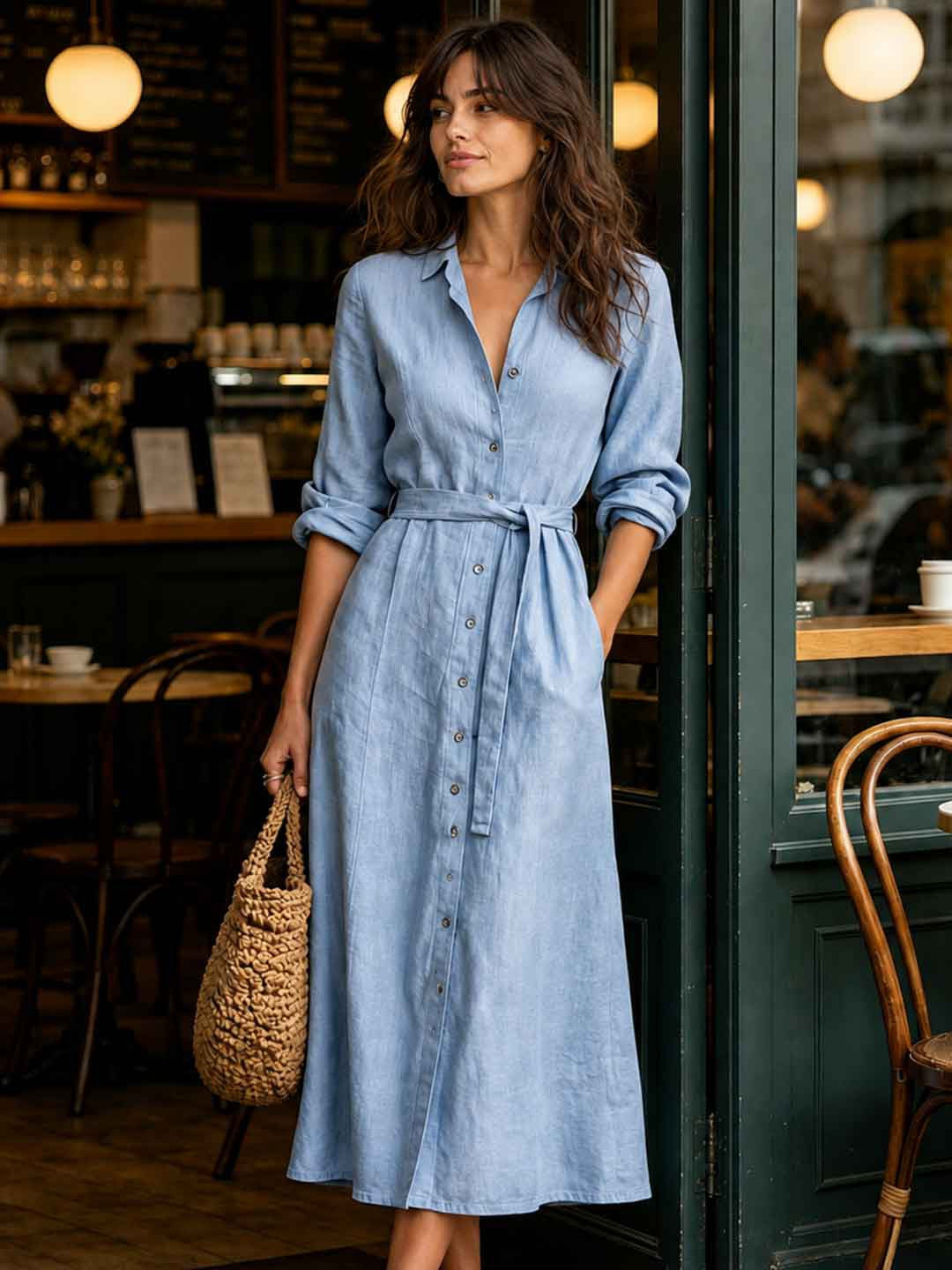 Mara Rust Button-Front Belted Maxi Dress