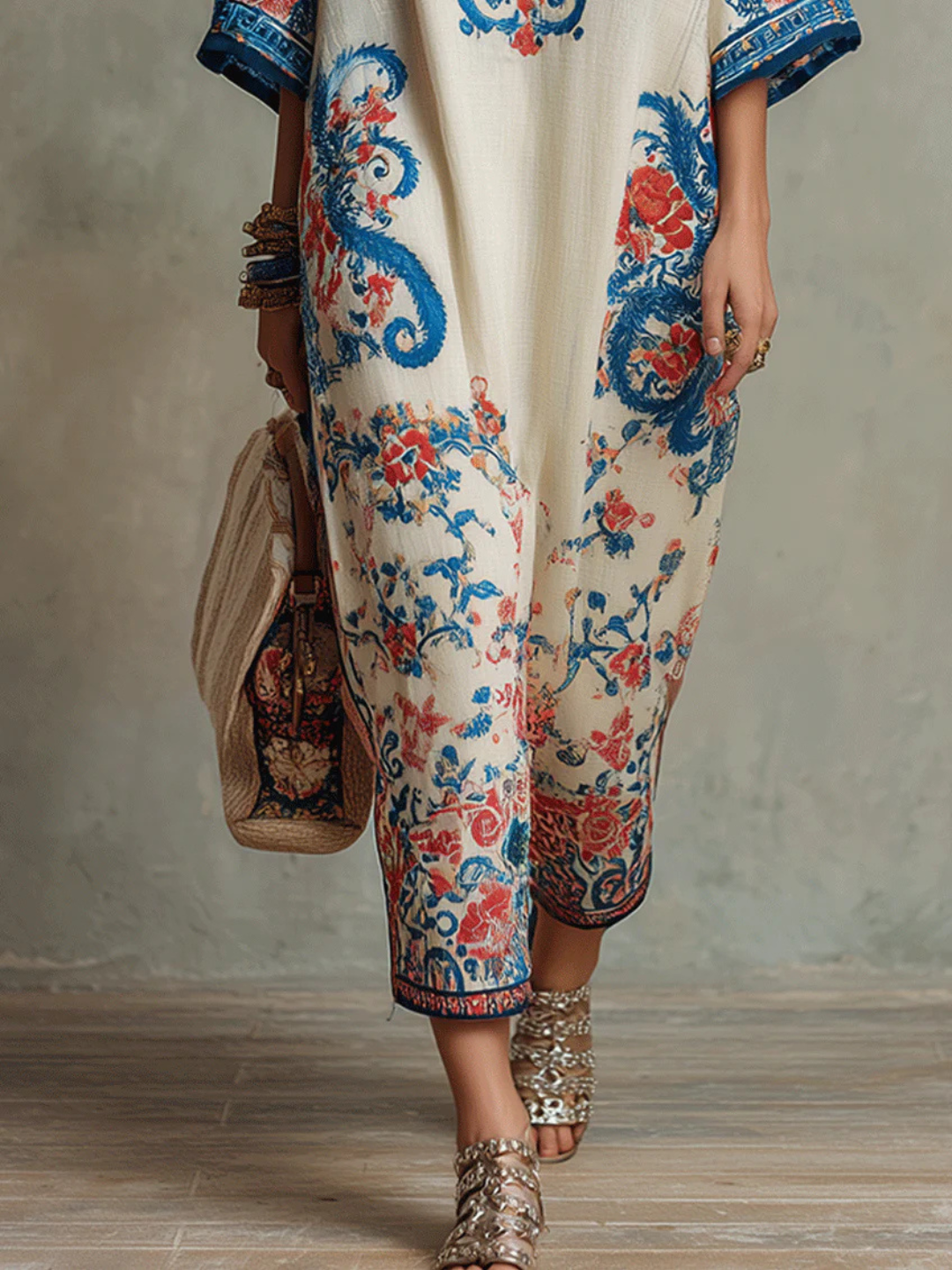 Florence Ivory Blue Embroidered Kaftan Dress