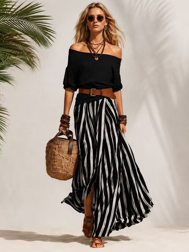 Bella Black Stripe Off-Shoulder Skirt Set
