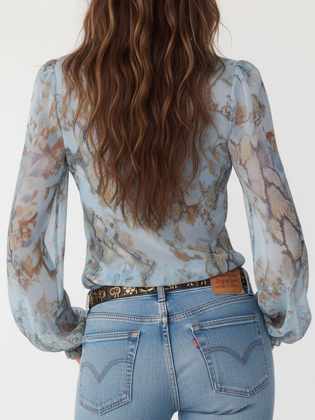 Lena Ruffled Zip-Front Chiffon Blouse In Serene Blue Print