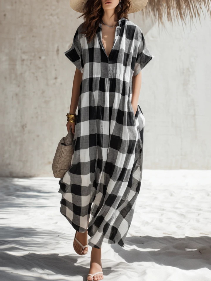 Helena Black White Check Oversized Kaftan Dress