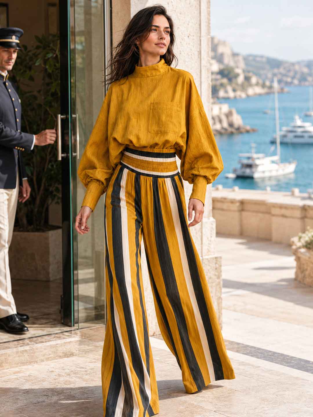 Vittoria Satin Striped Two-Piece Set - Yellow