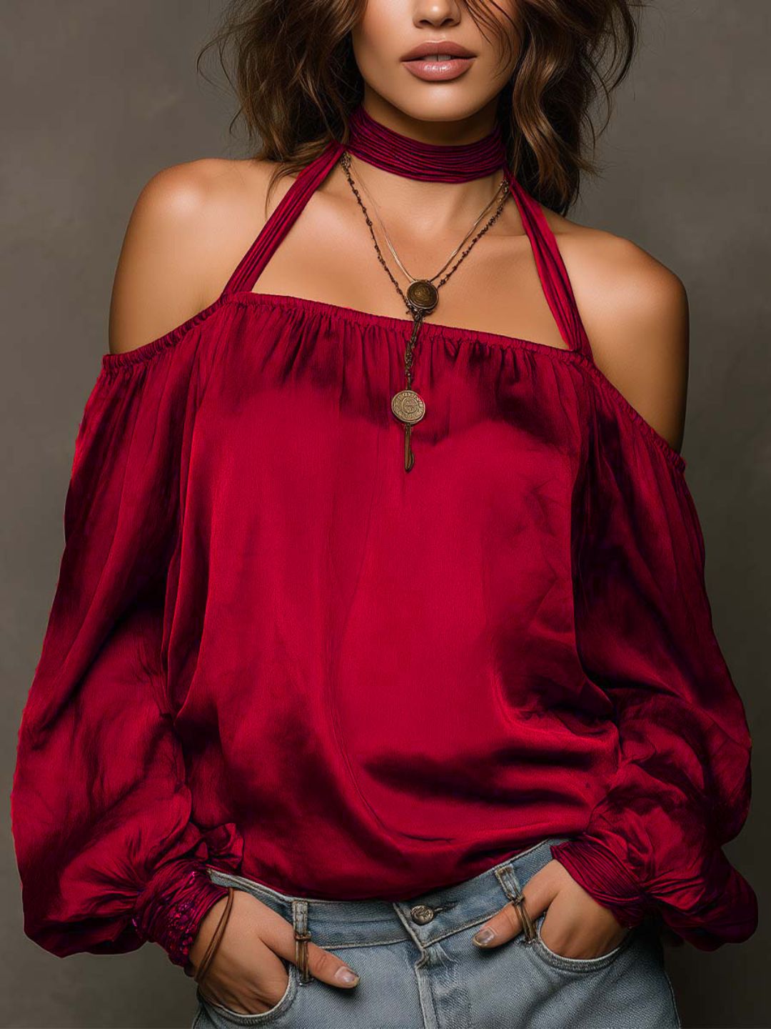 Chiara Rust Brown Off-Shoulder Resort Blouse