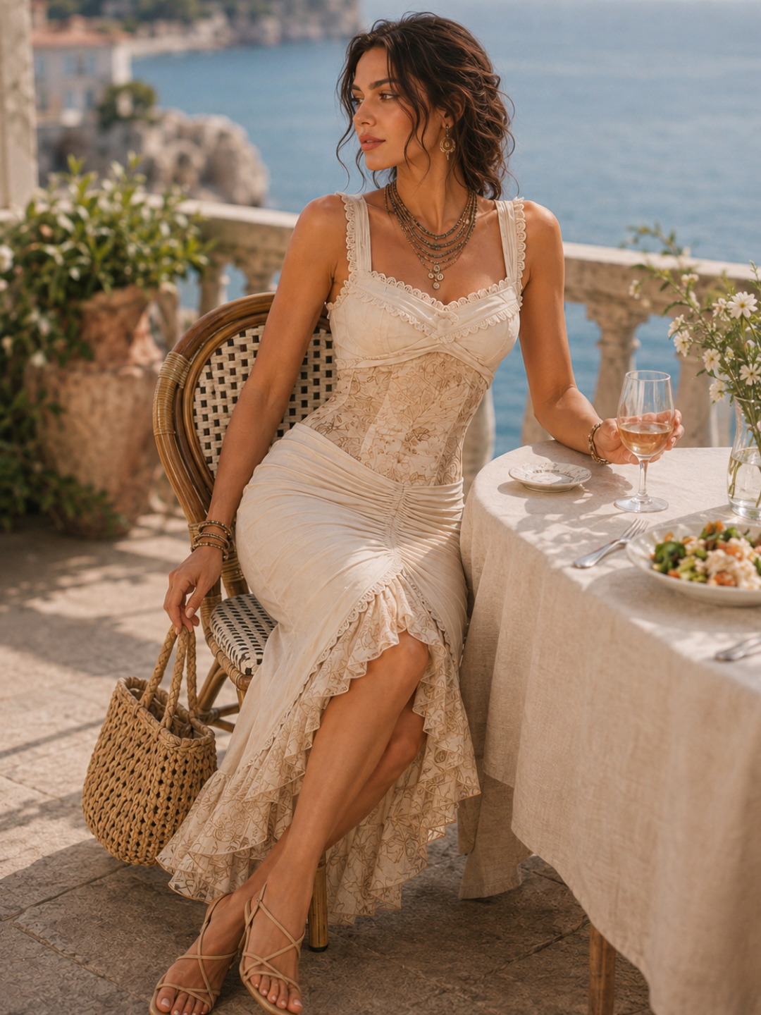 Isla Ivory Lace Ruched Asymmetric Midi Dress