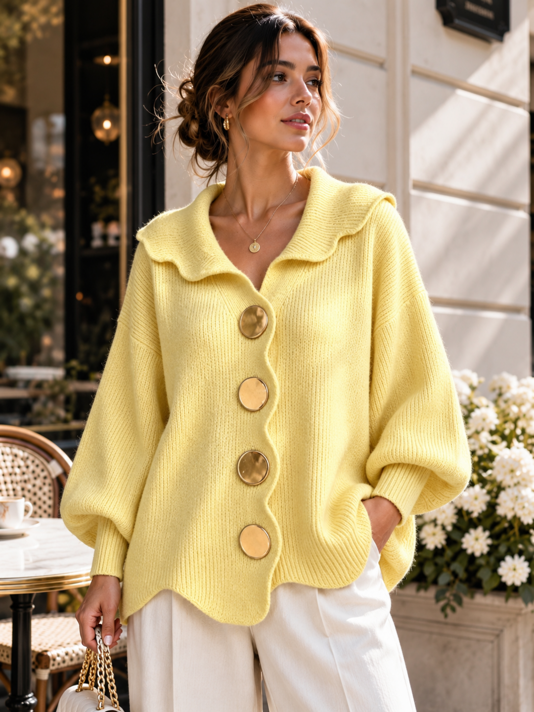 Delfina Scallop-Collar Statement Cardigan