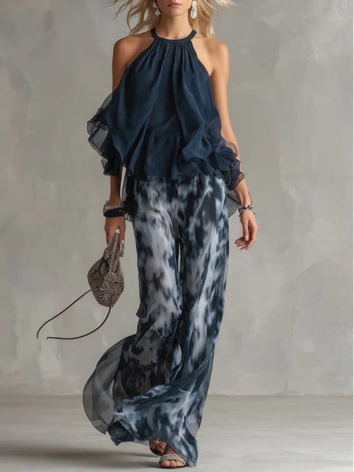 Mila Navy Halter Ruffle Pants Set