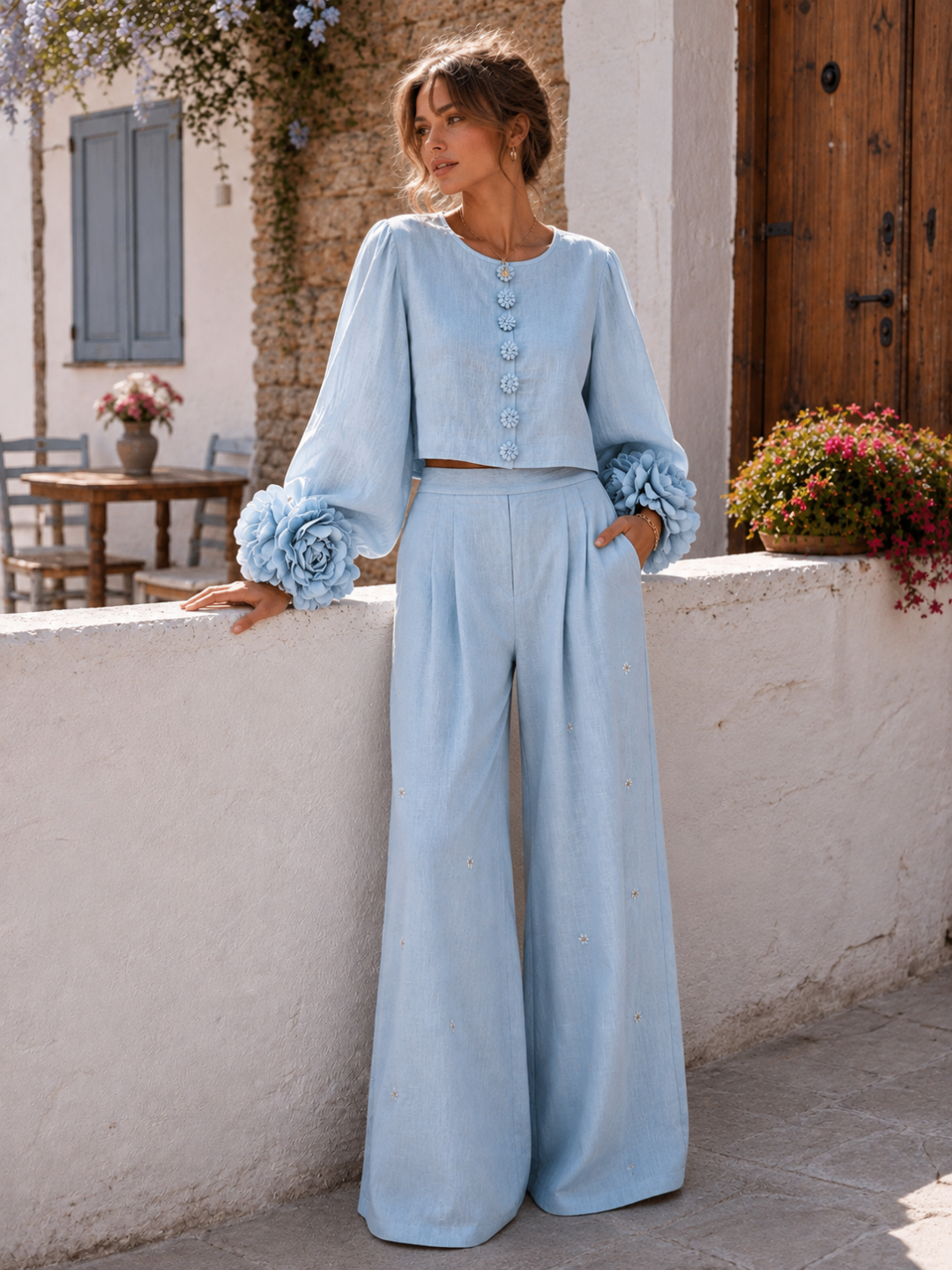 Luciana Statement-Cuff Top & Trouser Set