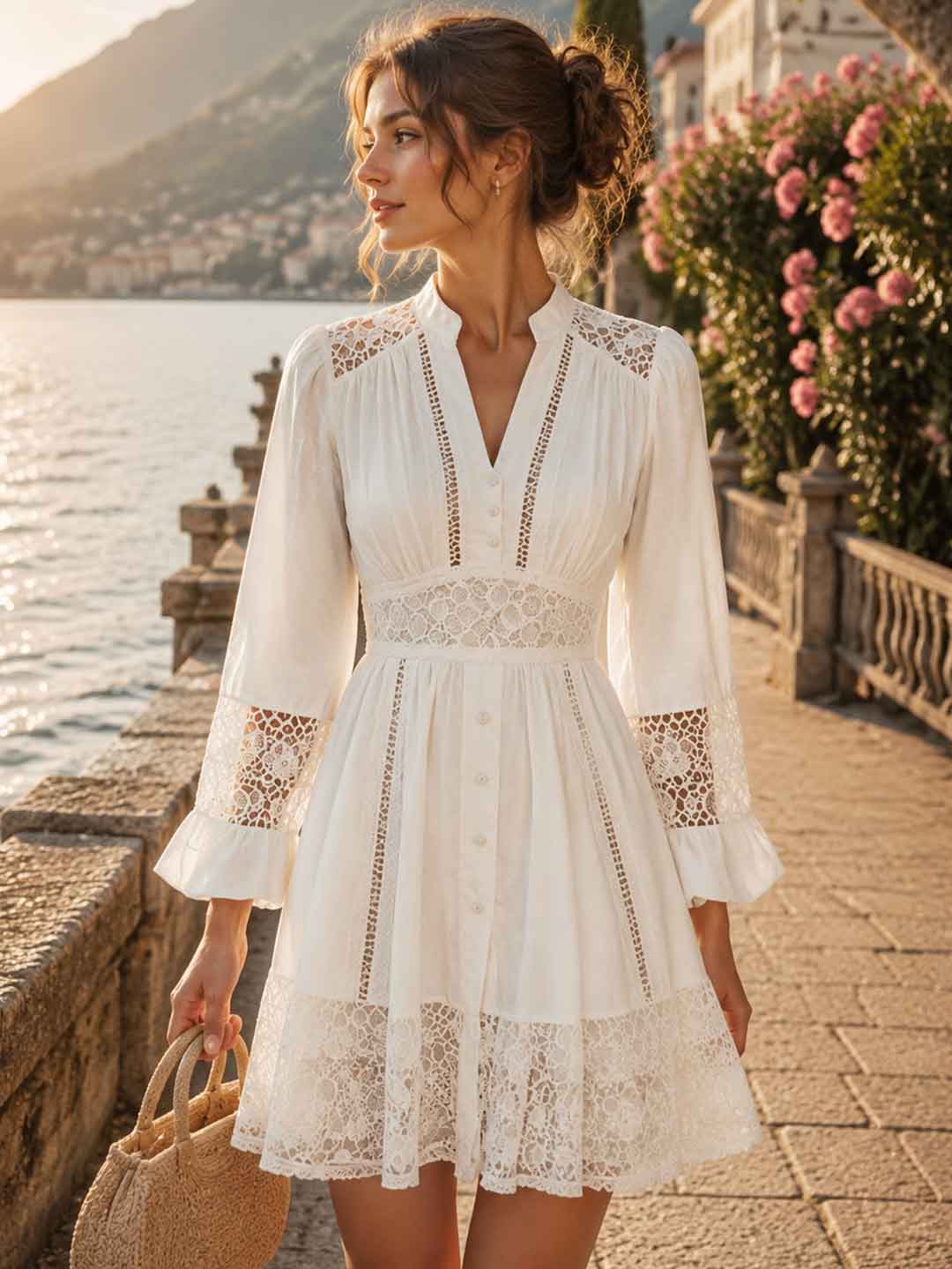 Capri Embroidered Lace-Trim Mini Dress