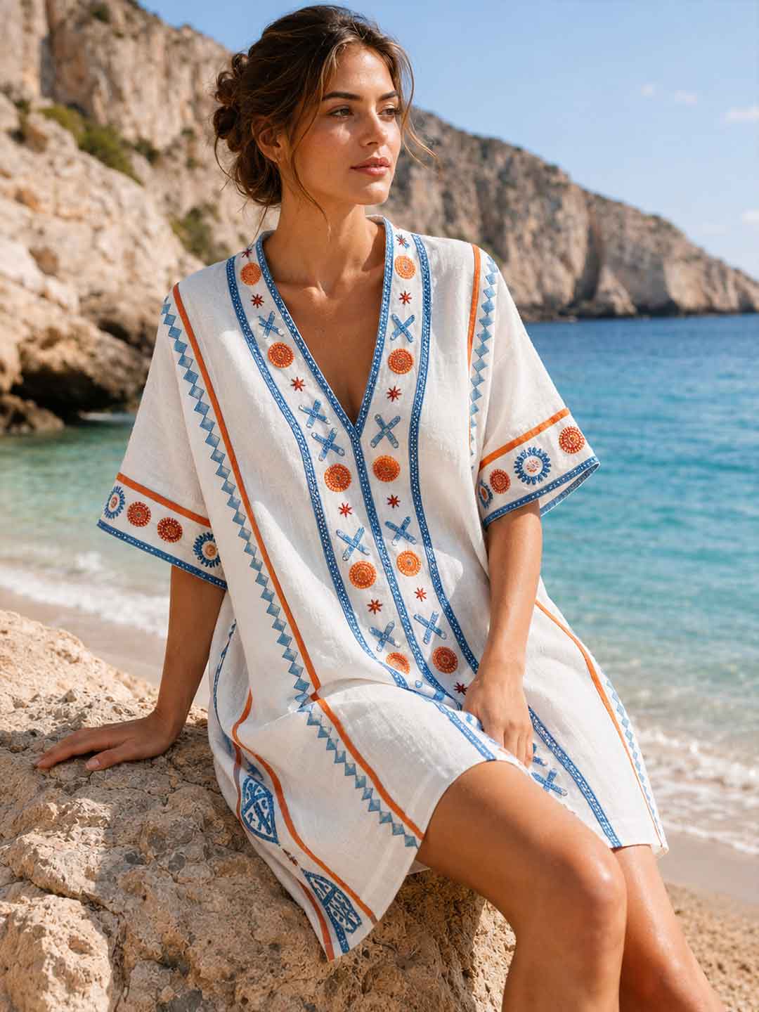 Amalia Geometric-Trim Caftan Mini Dress - Blue Circle Print