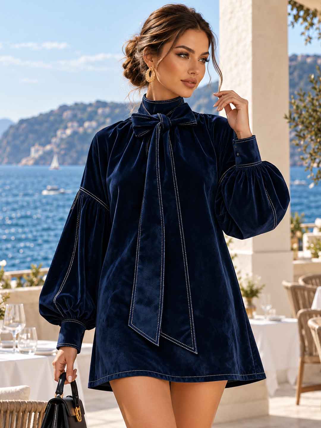 Tartan Bow-Tie Balloon-Sleeve Mini Dress - Navy