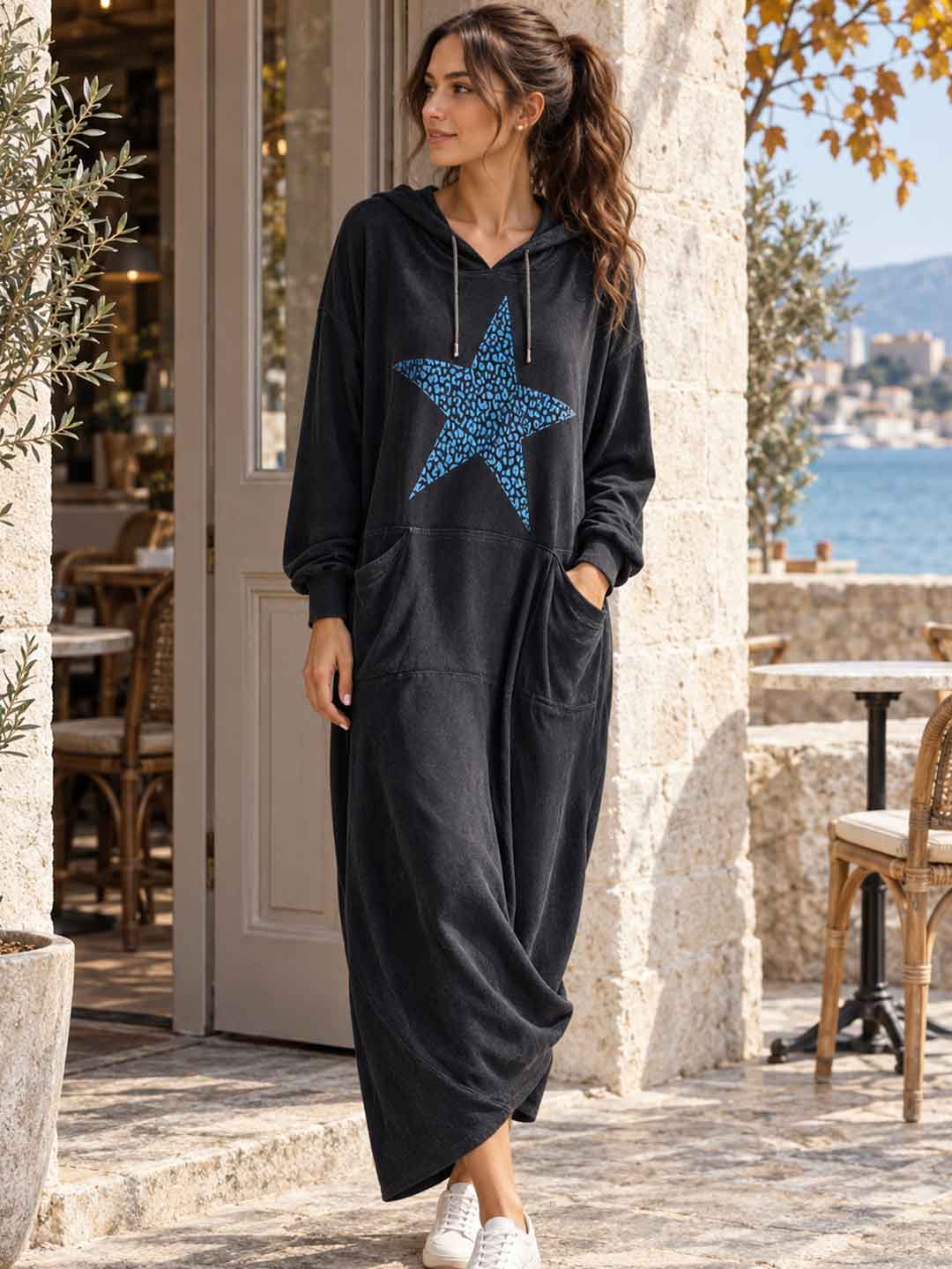 Maristella Star Appliqué Hooded Maxi Dress