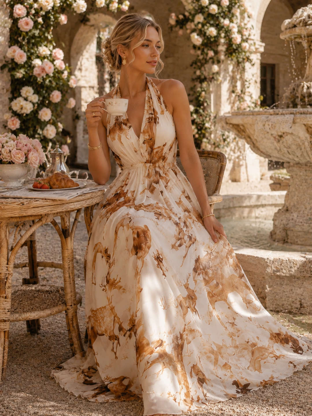Marina Ivory Floral Halter Maxi Dress