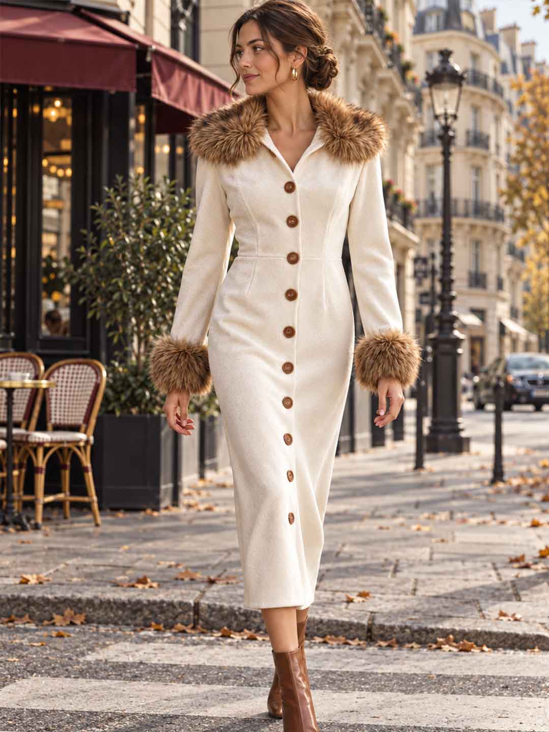 Fitted Midi Dress With Fluffy Trim
