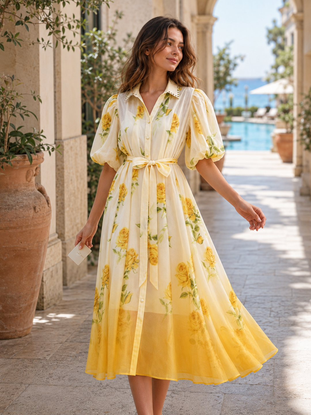 Soleil Floral Puff-Sleeve Midi Dress