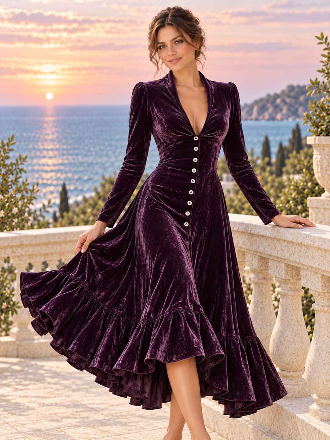 Verde Ruffle-Hem Velvet Midi Dress - Purple
