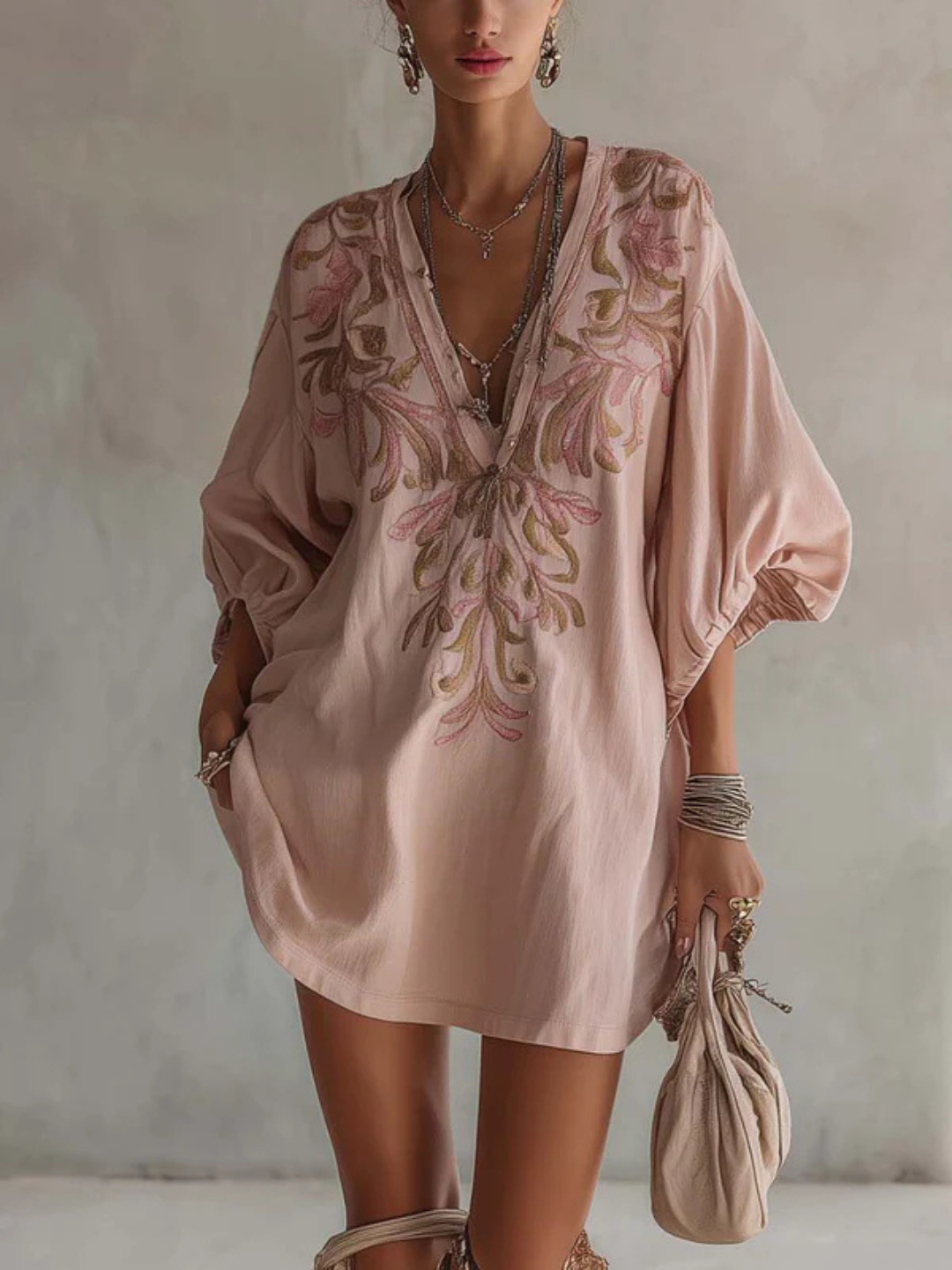 Zara Blush Pink Embroidered Tunic Dress