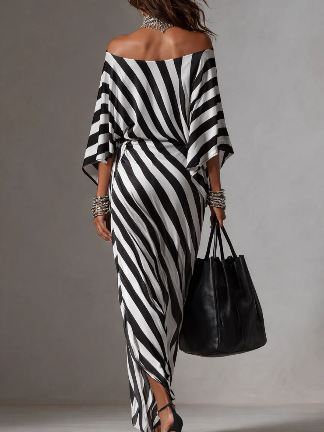 Vivienne Statement Monochrome Stripe Asymmetric Maxi Dress