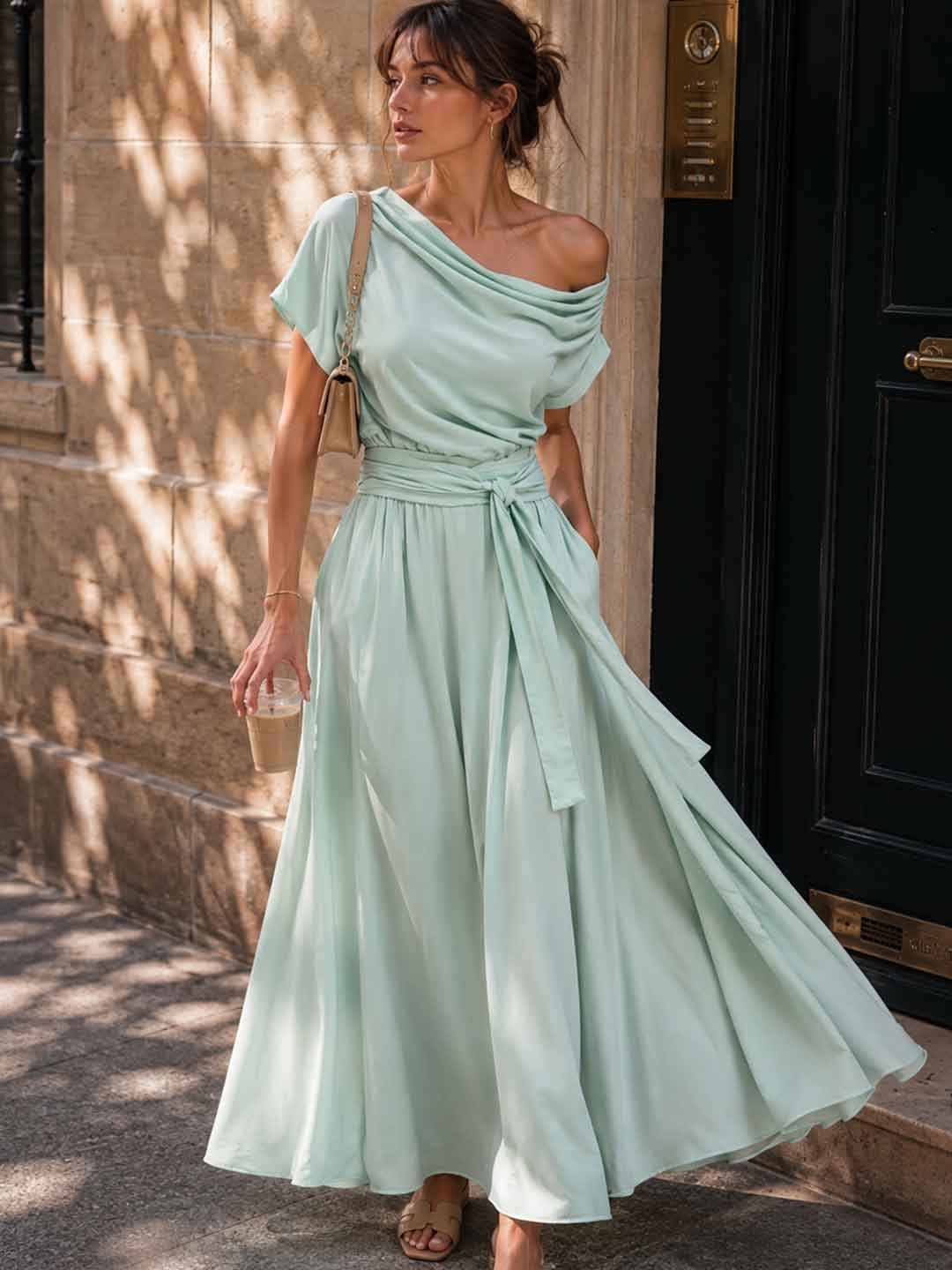 Celeste Mint Draped Belted Maxi Dress