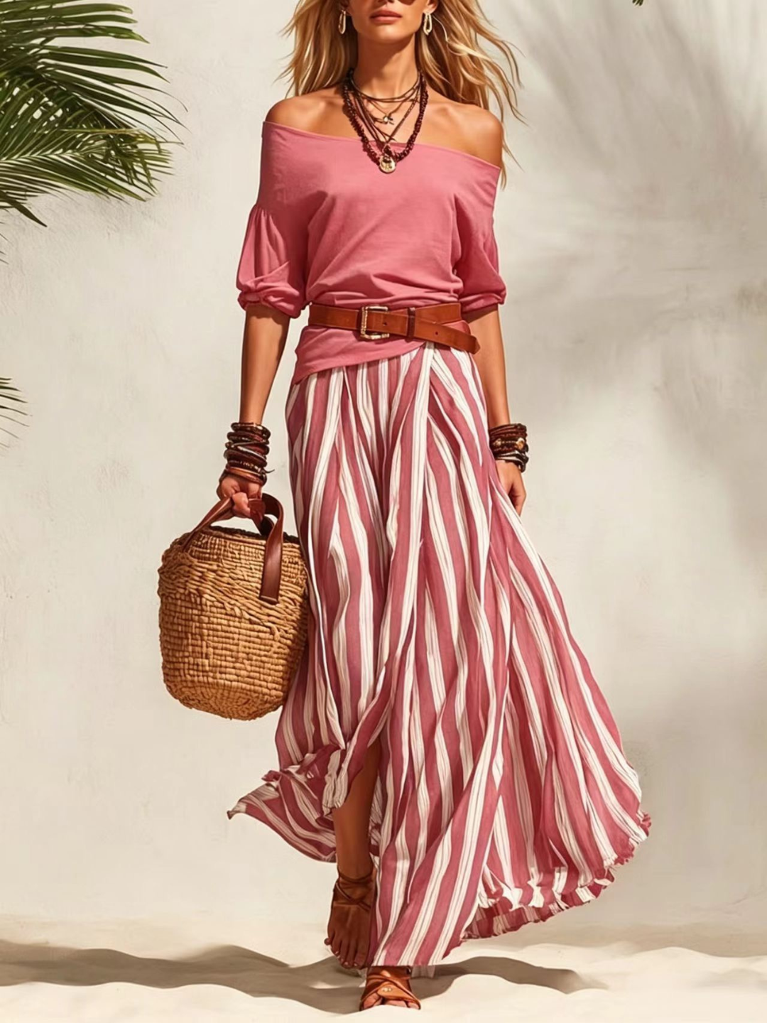Bella Black Stripe Off-Shoulder Skirt Set