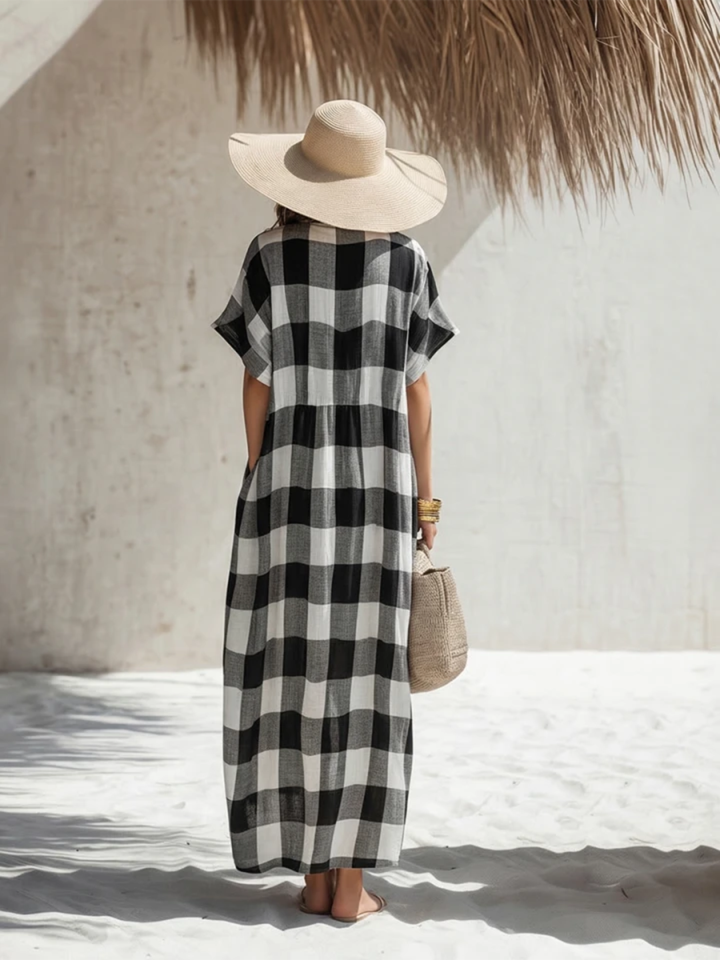 Helena Black White Check Oversized Kaftan Dress