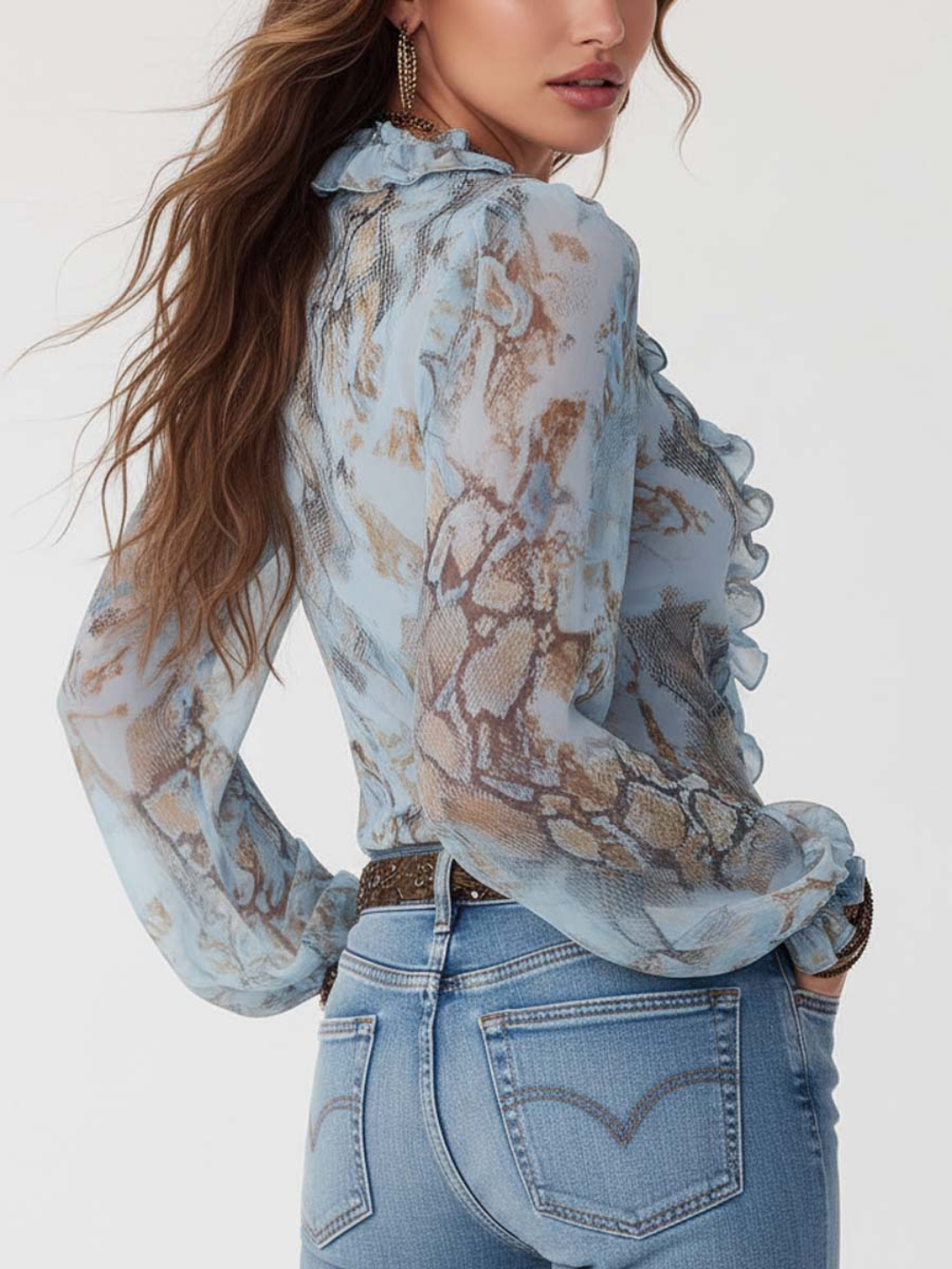 Lena Ruffled Zip-Front Chiffon Blouse In Serene Blue Print
