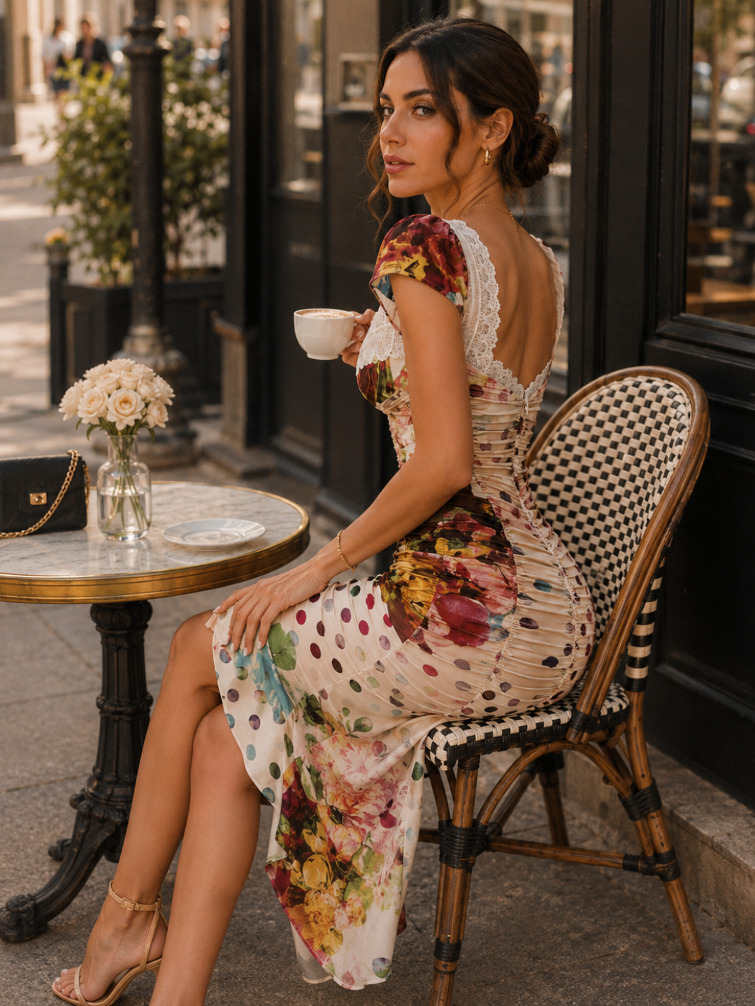 Vittoria Ivory Patchwork Cap-Sleeve Midi Dress