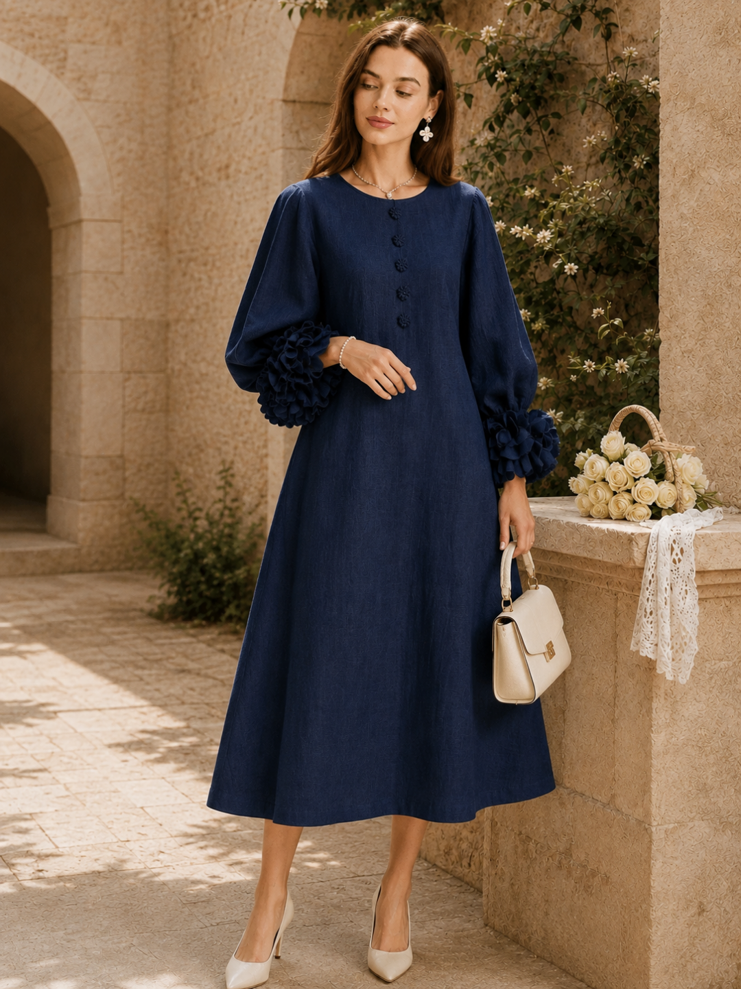 Paloma Puff-Sleeve Button Midi Dress