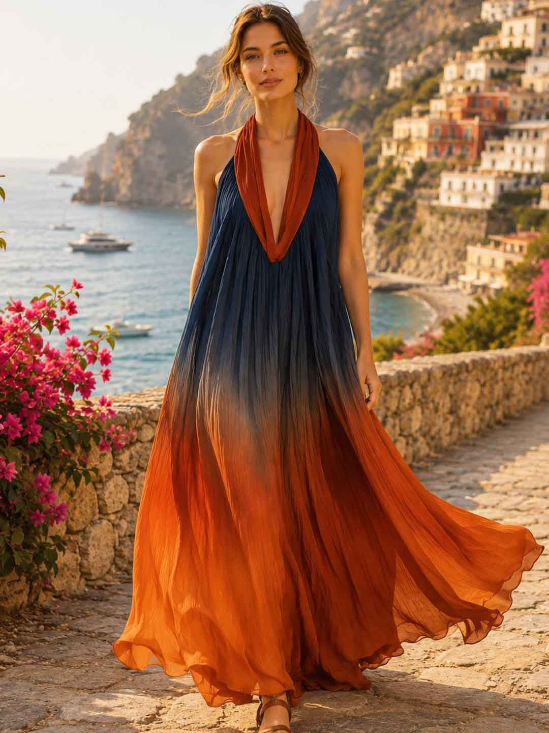 Sienna Navy Orange Ombre Halter Maxi Dress