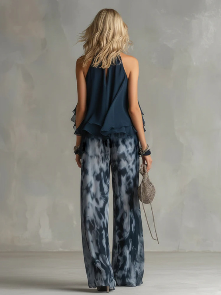 Mila Navy Halter Ruffle Pants Set