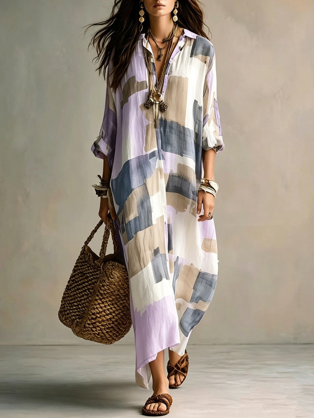 Sienna Striped Resort Cover-Up - Khaki Beige Block Print