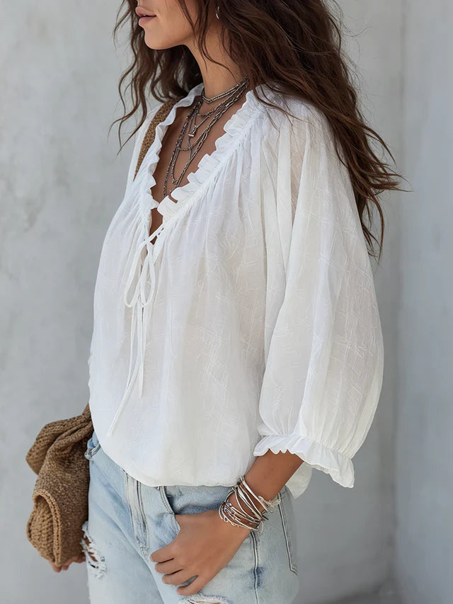 Ines White Lace-Up Resort Blouse