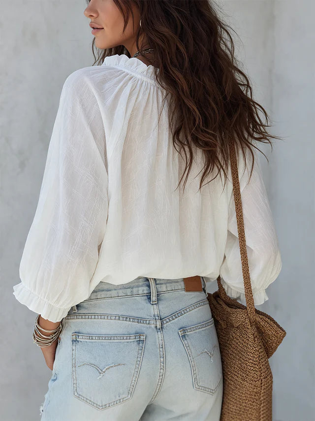 Ines White Lace-Up Resort Blouse