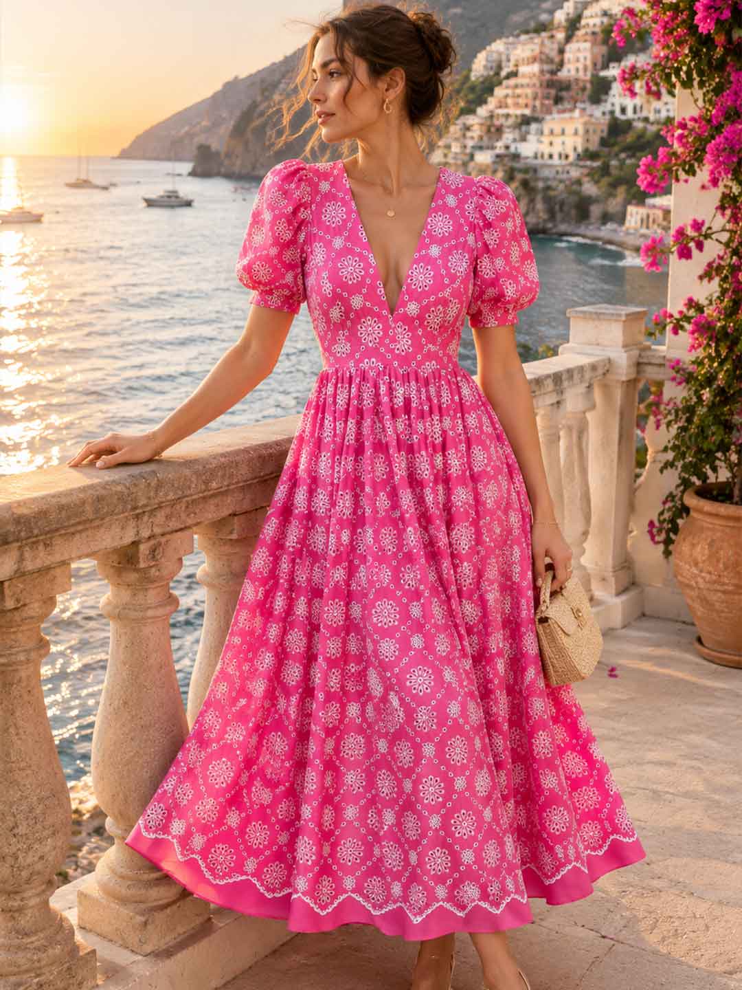 Fiora Floral Puff-Sleeve Maxi Dress
