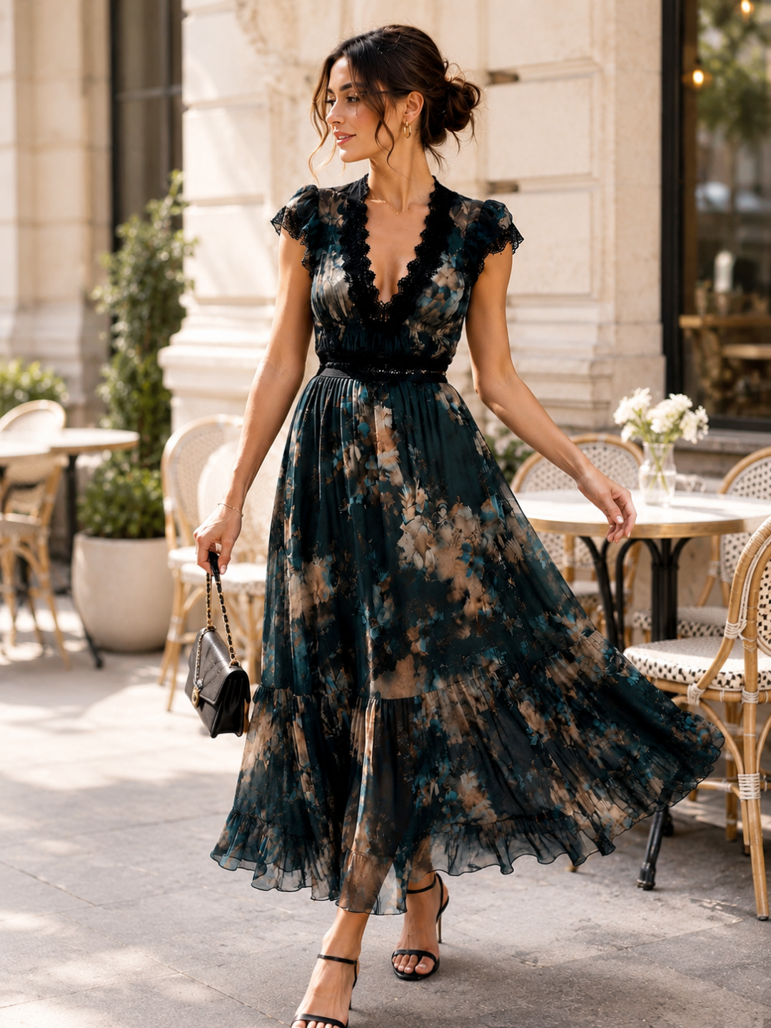 Noa Black Floral Lace Cap-Sleeve Maxi Dress