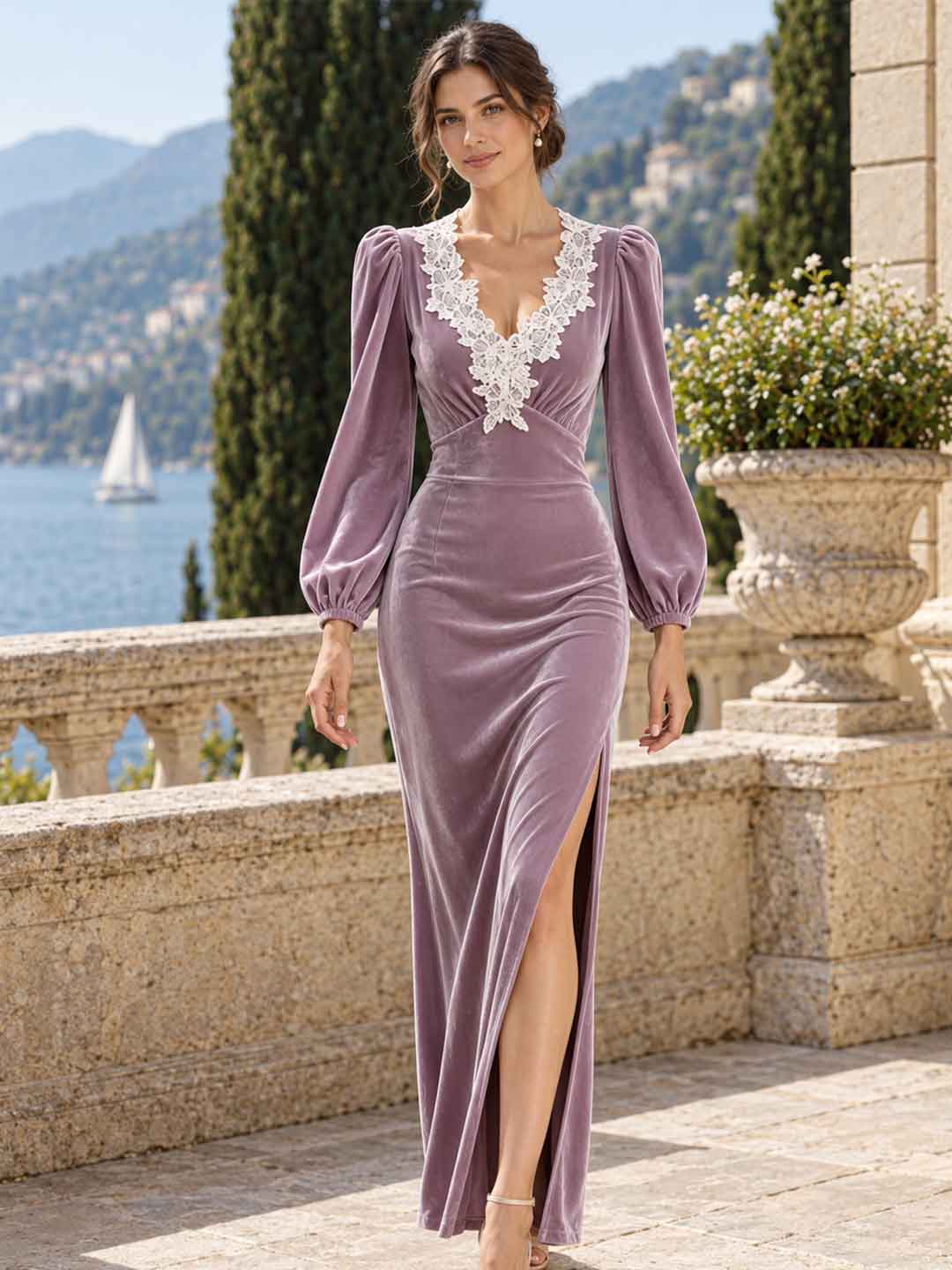Violetta Lace-Collar Velvet Maxi Dress