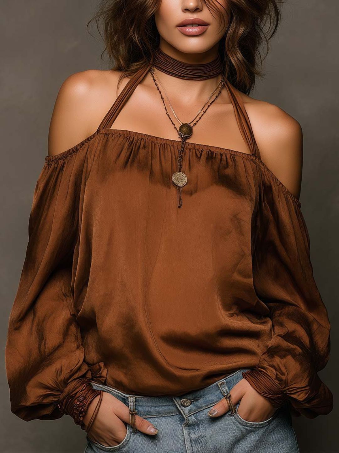 Chiara Rust Brown Off-Shoulder Resort Blouse