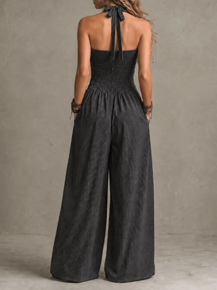 Giulia  Boho Charcoal Crisscross Halter Pinstripe Wide-Leg Jumpsuit