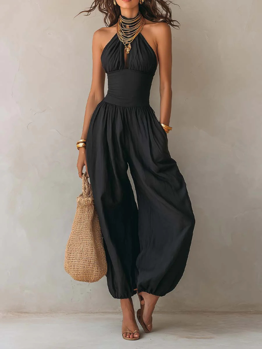 Selene Bohemian Halter Keyhole Balloon-Leg Jumpsuit - White