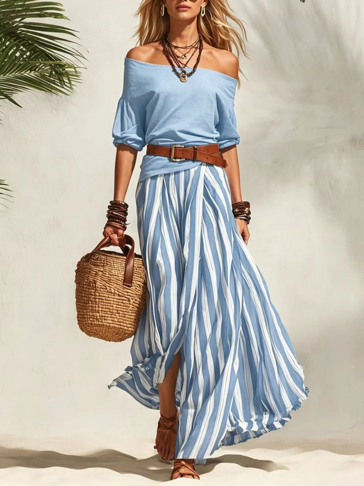 Bella Black Stripe Off-Shoulder Skirt Set