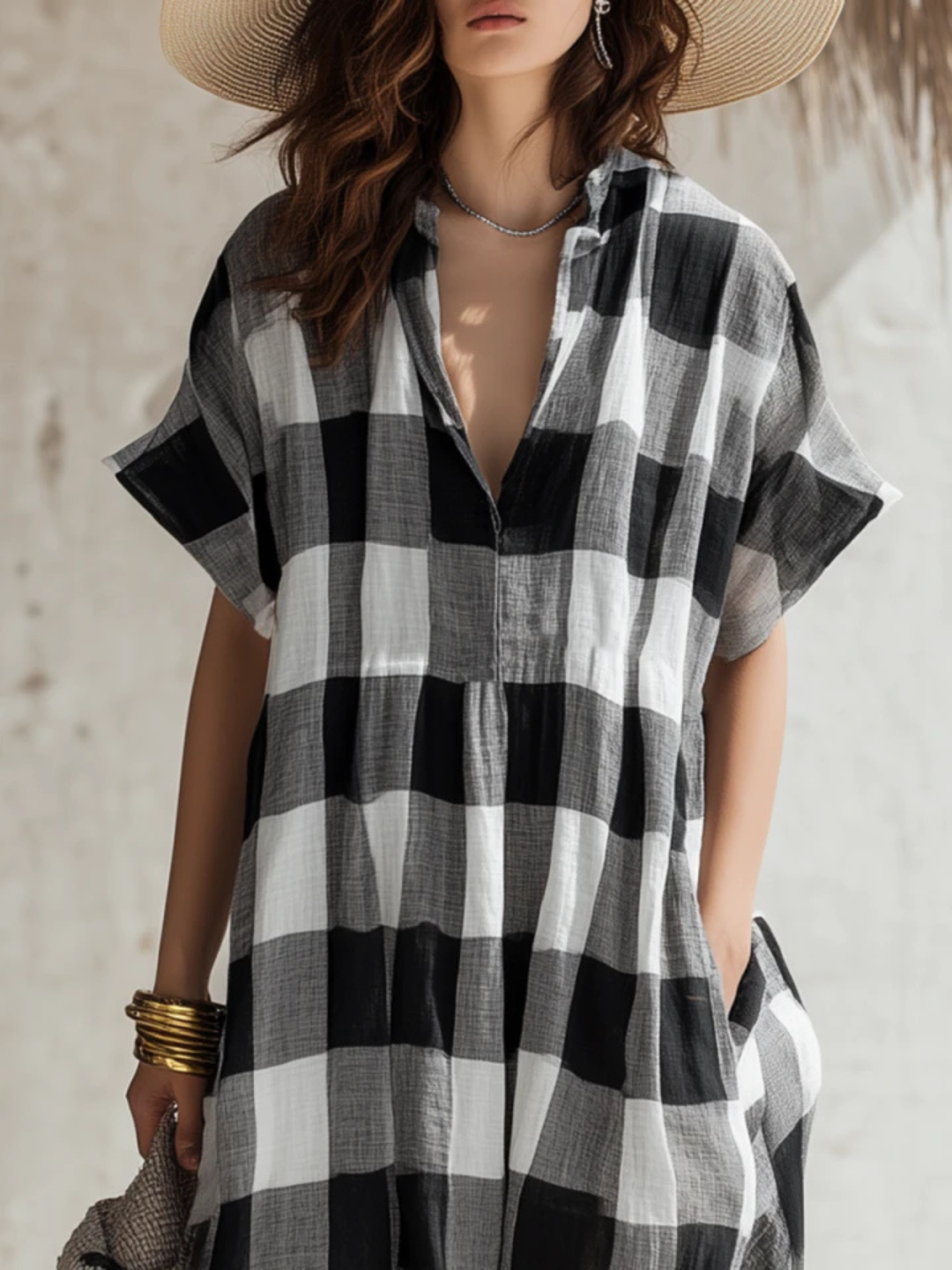 Helena Black White Check Oversized Kaftan Dress