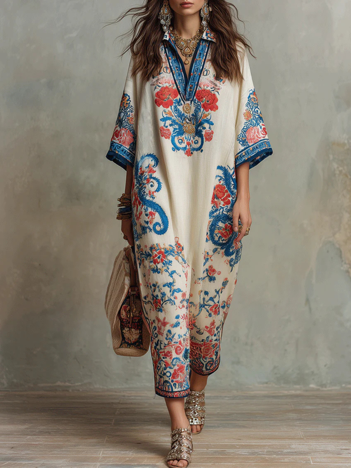 Florence Ivory Blue Embroidered Kaftan Dress