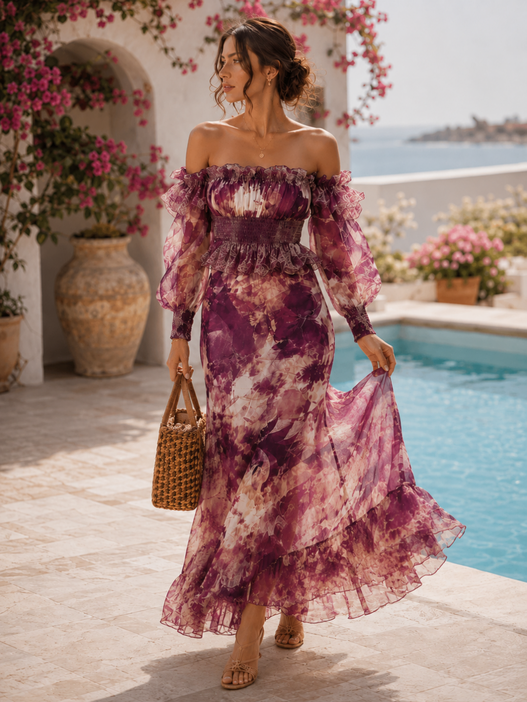 Violetta Plum Floral Off-Shoulder Mermaid Maxi Dress