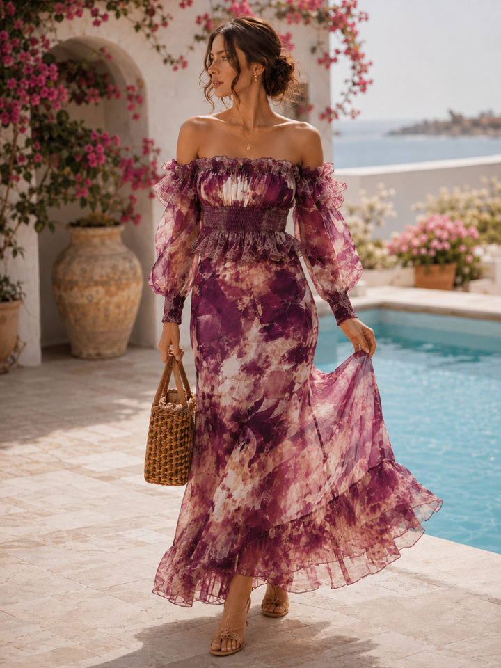 Violetta Plum Floral Off-Shoulder Mermaid Maxi Dress