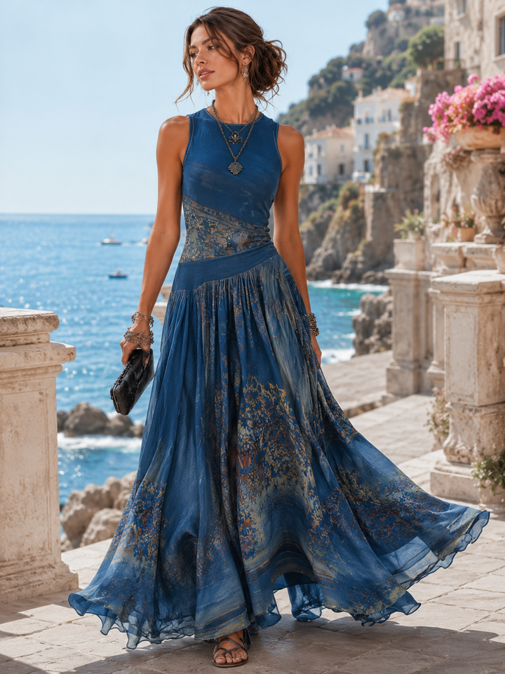 Capri Blue Print Top and Maxi Skirt Set