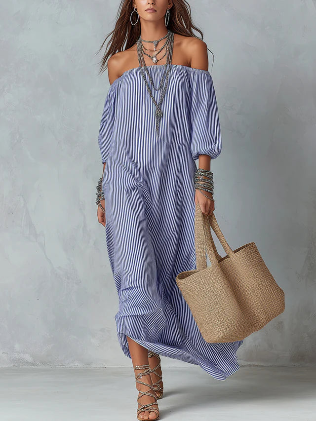 Aurelia Blue Stripe Off-Shoulder Maxi Dress
