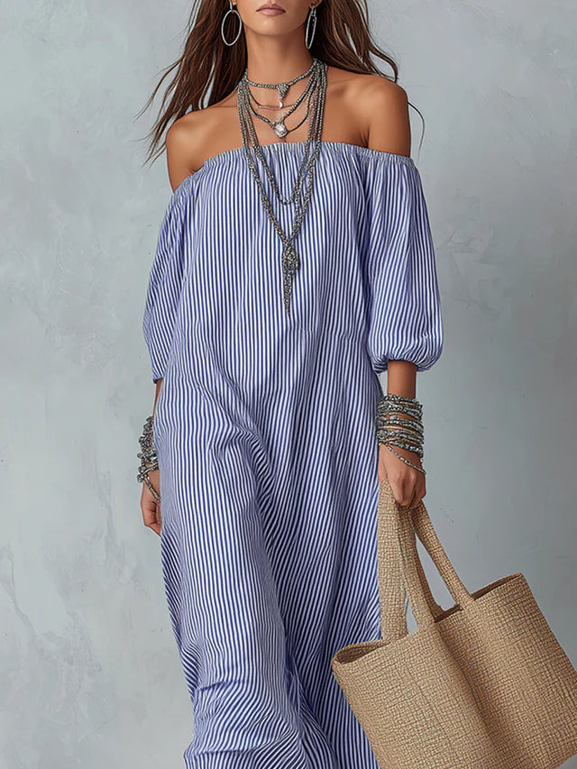 Aurelia Blue Stripe Off-Shoulder Maxi Dress